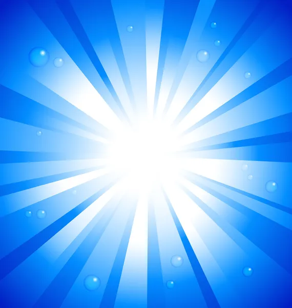 Sunburst på blå bakgrund med vatten droppar — Stock vektor