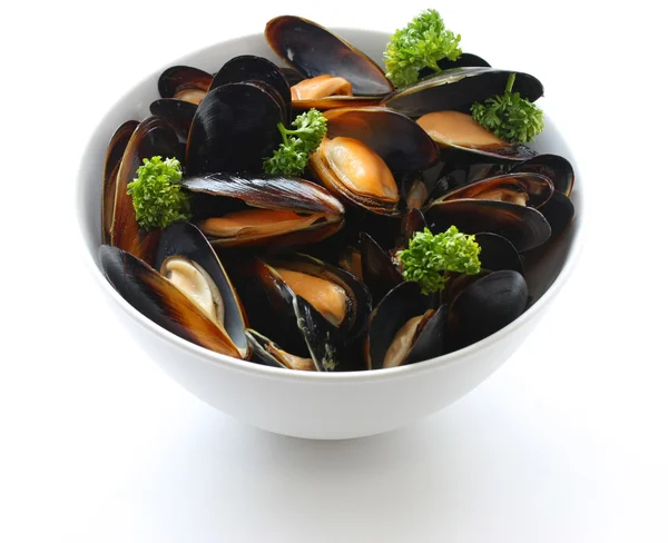 Steamed mussels with white wine — Stock Photo, Image