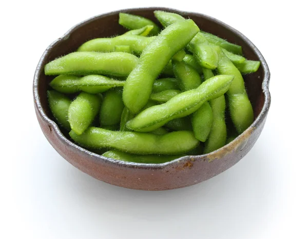 Edamame nibbles, boiled green soy beans — Stock Photo, Image