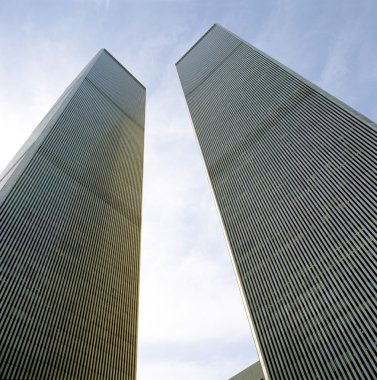 Looking Up at World Trade Center Towers from Ground clipart