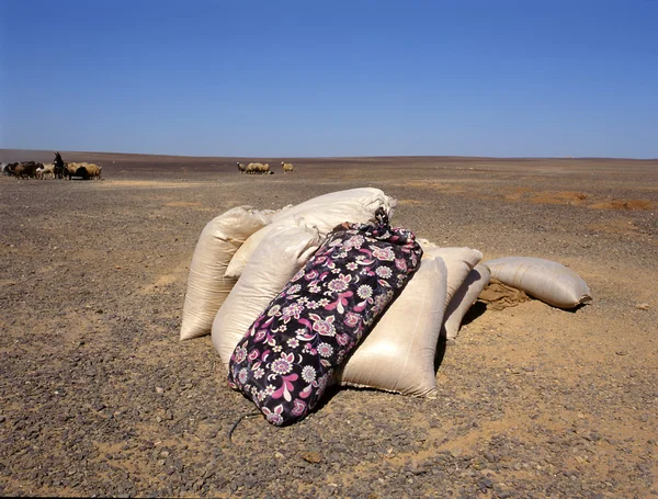 Jutové pytle s potravinami v poušti — Stock fotografie