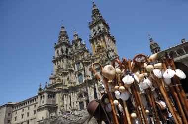 Souvenirs in front of the Santiago of Compostela impressive cath clipart