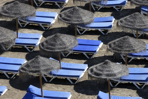 Plážová lehátka a sluneční clony — Stock fotografie