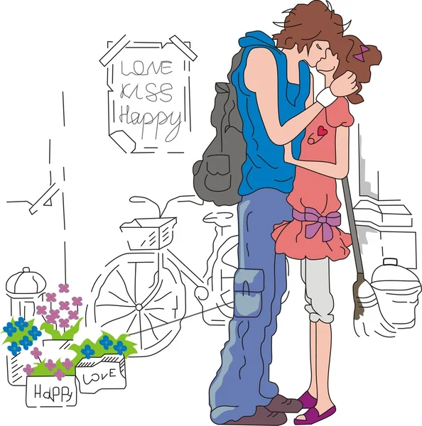 Casal beijos em uma rua —  Vetores de Stock