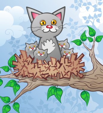 Cat & Kittens in a Bird's Nest clipart