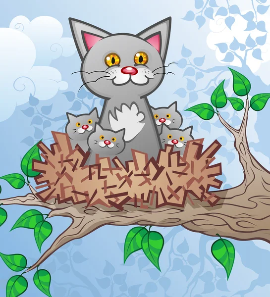 Katze & Kätzchen im Vogelnest — Stockvektor