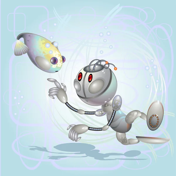 로봇 소년과 물고기 — 스톡 벡터