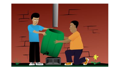 Father and Son Rain Barrel Installation Project clipart