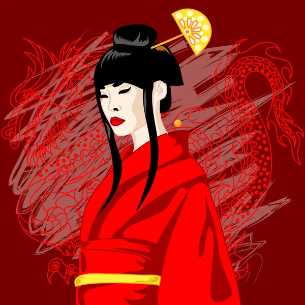 Vektor illustration av asiatisk kvinna i röd — Stock vektor
