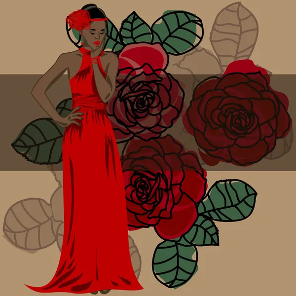 Διανυσματικό αφροαμερικάνων γυναίκας με κόκκινο φόρεμα — Διανυσματικό Αρχείο