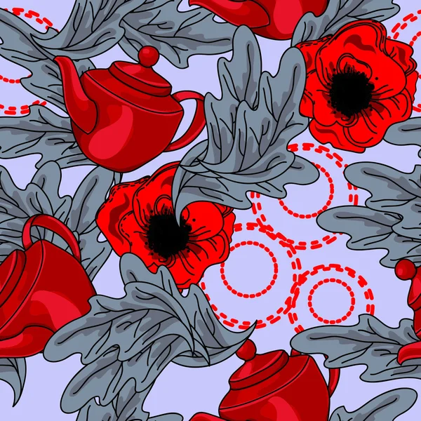 Textura con teteras y flores — Vector de stock