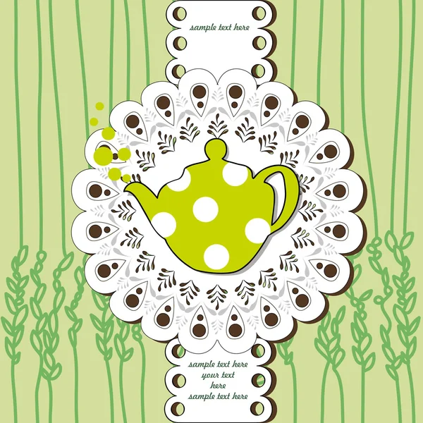Cute vector menu card with green polka teapot — Stock Vector