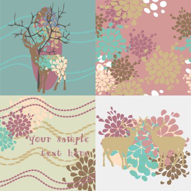 Set of vector cards with deers and decorative elements clipart