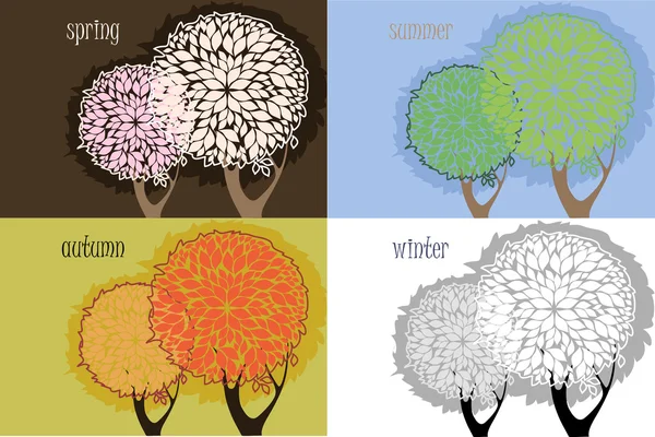 Set of vector cards with trees in other seasons — Stock Vector