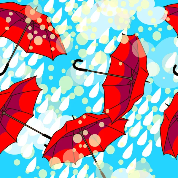 Modello vettoriale senza cuciture con ombrelli rossi e nuvole — Vettoriale Stock