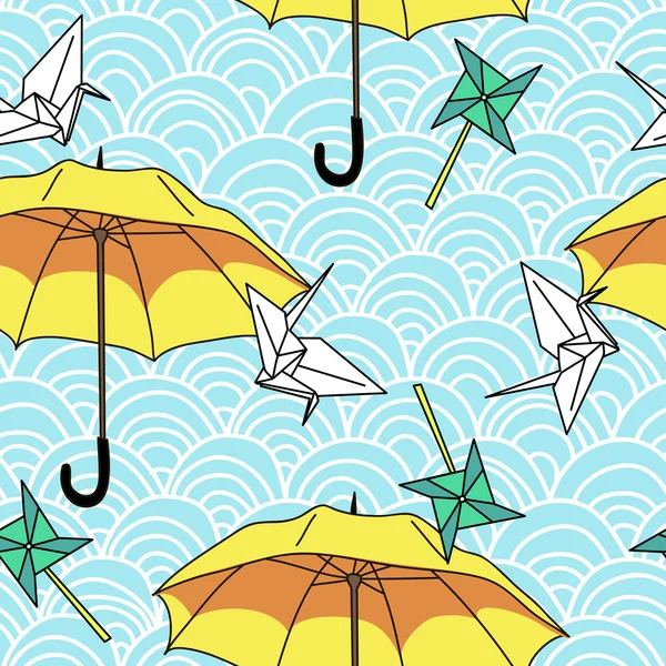 Vector naadloos met gele paraplu's en origami cijfers — Stockvector