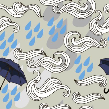 Vector illustration seamless with rain, clouds and flying umbrellas clipart