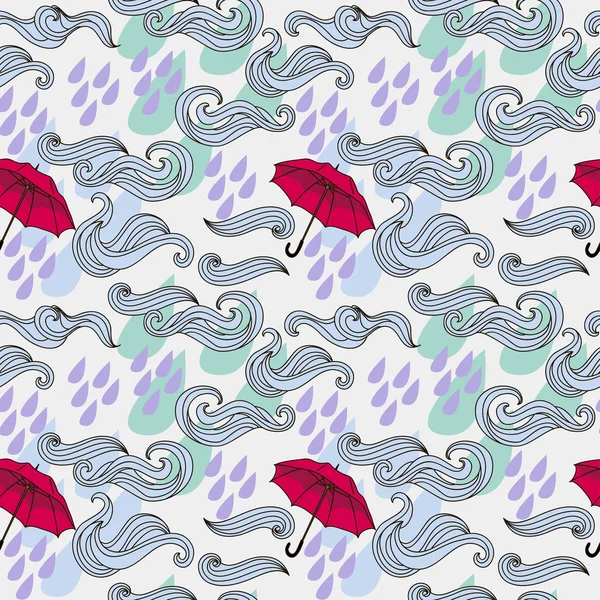 Textura sin costura vectorial con sombrillas rojas y nubes de lluvia — Archivo Imágenes Vectoriales