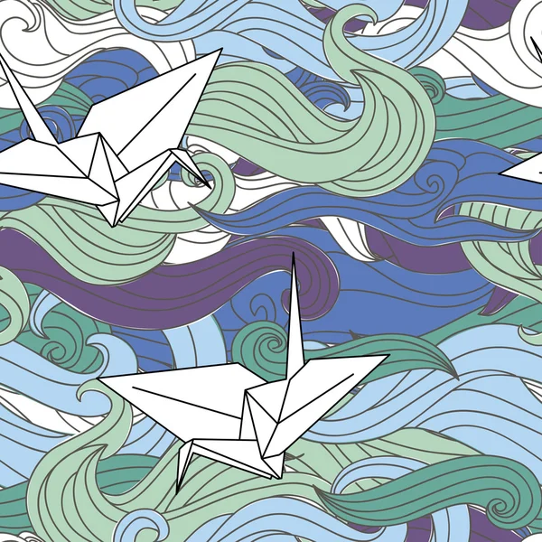 Textura sin costura vectorial con grúas de origami y ondas azules — Vector de stock