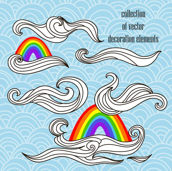 Colleciton of vector decorative elements with clouds and rainbows — Stock Vector