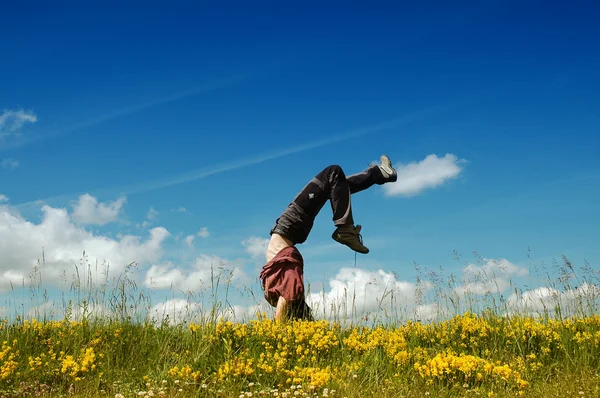 Νεαρή γυναίκα που κάνει cartwheel σε ένα λιβάδι — Φωτογραφία Αρχείου