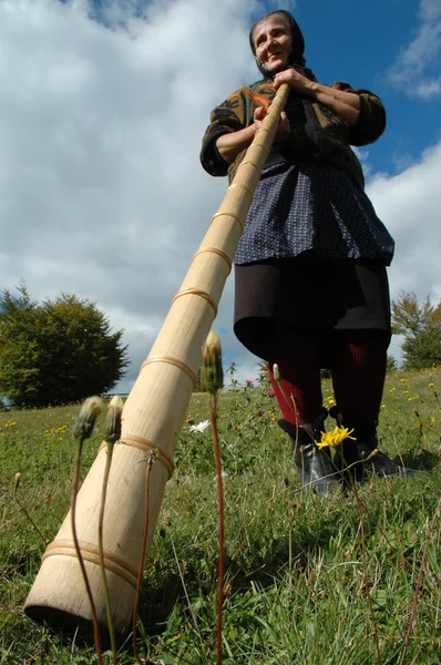 stock image Old woman playing on alpenhorn