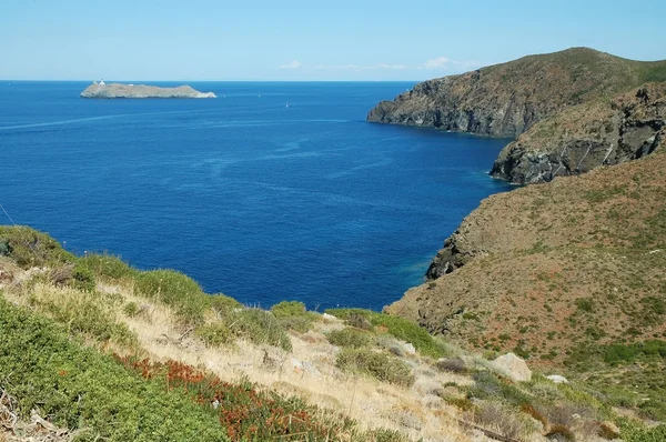 Güzel kayalık sahil, Deniz Manzaralı. Korsika Adası — Stok fotoğraf