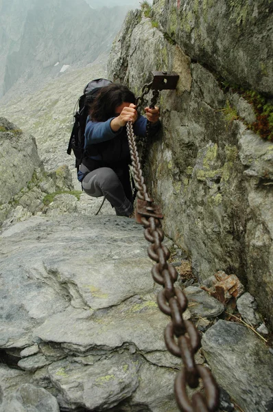 En klatrejente som kommer til toppen – stockfoto