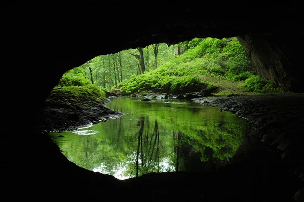 Reflexão de uma entrada de caverna em água de caverna — Fotografia de Stock