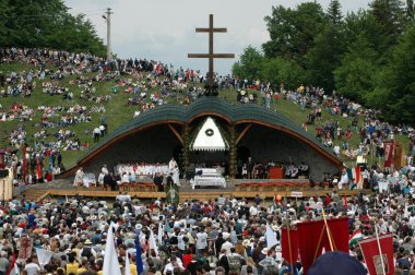 Crowds of Hungarian pilgrims celebrate the Pentecost clipart