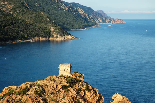 Plaża i genueńskiej wieży w porto na Korsyce, Francja — Zdjęcie stockowe