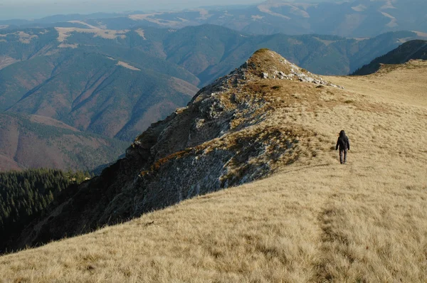 Mujer sola trekking en las montañas — Foto de Stock