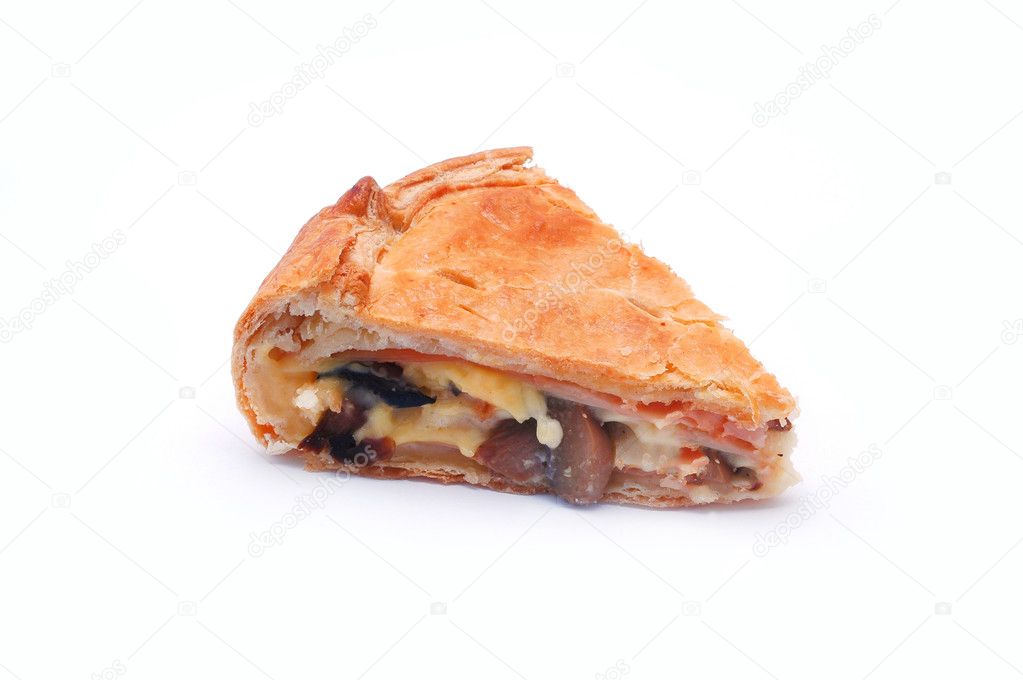 Portion of fresh-baked, mushroom-cheese pie isolated on white
