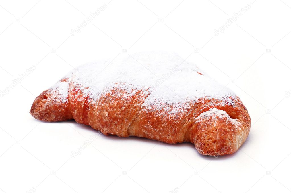 Single fresh croissant, casting soft shadow isolated on white