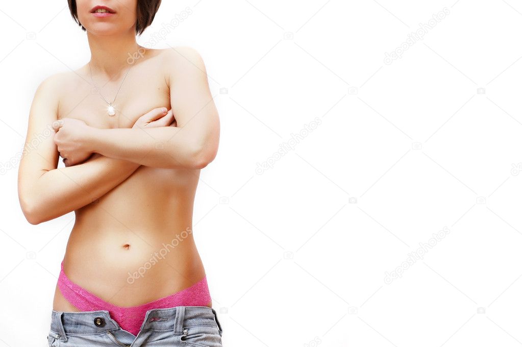 Sexy girl hiding her breasts. Space for text