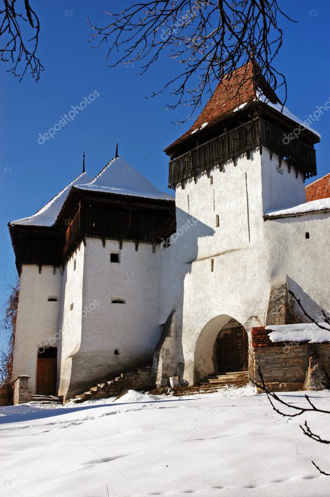 Snow covered fortified church of Viscri, Transylvania