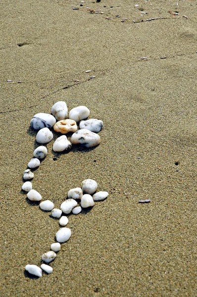 Blomma gjord av små stenar på sand — Stockfoto