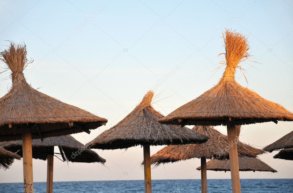 Beach umbrellas on the coastline, Romania