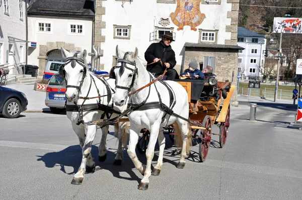 马驱动支架与游客在萨尔茨堡，奥地利 — 图库照片