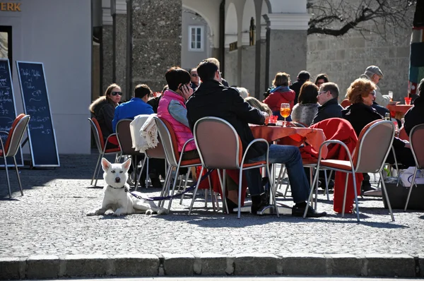 Turisté relaxační v historickém centru Salcburku — Stock fotografie