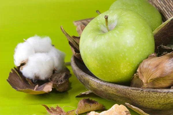 stock image STILL LIFE WITH COTTON FLOWERS AND TWO GREEN APPLES