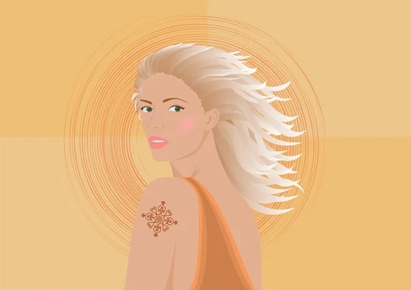Vacker blond kvinna med tatuering — Stock vektor