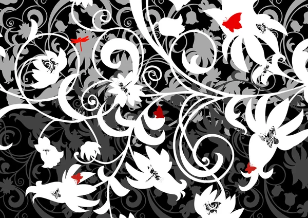 Adorno floral abstracto con mariposas y libélulas — Vector de stock