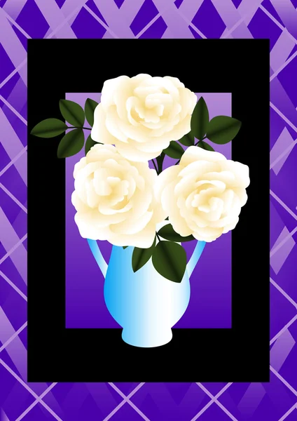 蓝色花瓶里的奶油玫瑰 — 图库矢量图片