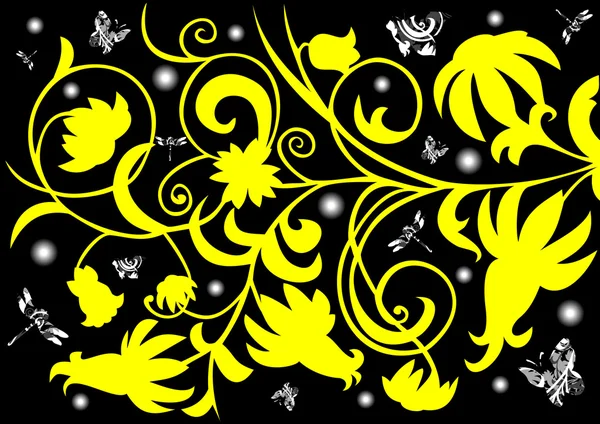 Ornement floral abstrait avec des papillons et des libellules — Image vectorielle