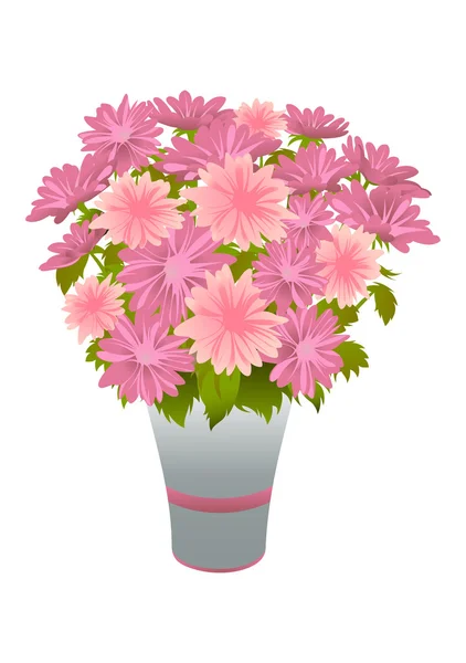 Bouquet asters merah muda dalam vas biru - Stok Vektor