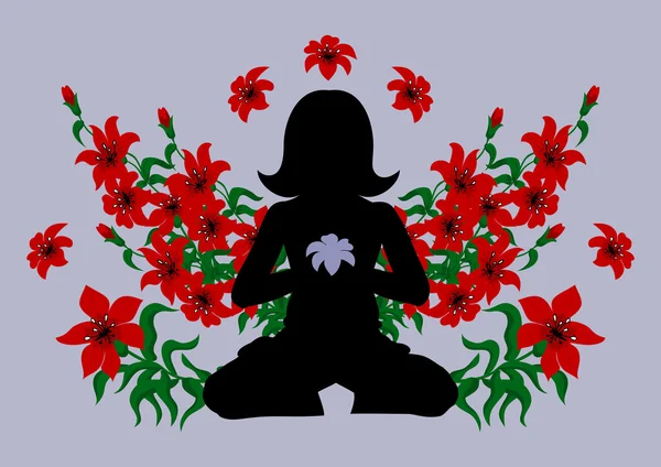 Meditating woman with red lilies — Stok Vektör