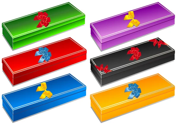 Caixas de presente com arcos decorativos coloridos — Vetor de Stock
