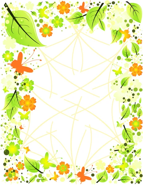 Marco de flores abstractas, hojas y mariposas — Vector de stock