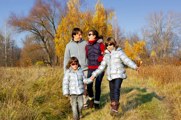 Счастливая активная семья в осеннем парке — стоковое фото